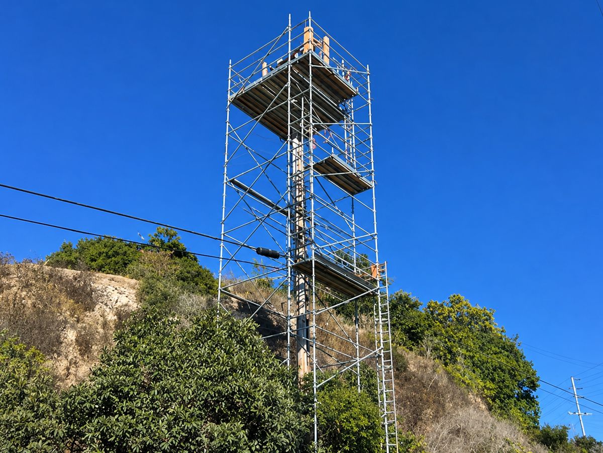 A Scaffold Solutions Unlimited stair-tower scaffold on a multi-story construction project