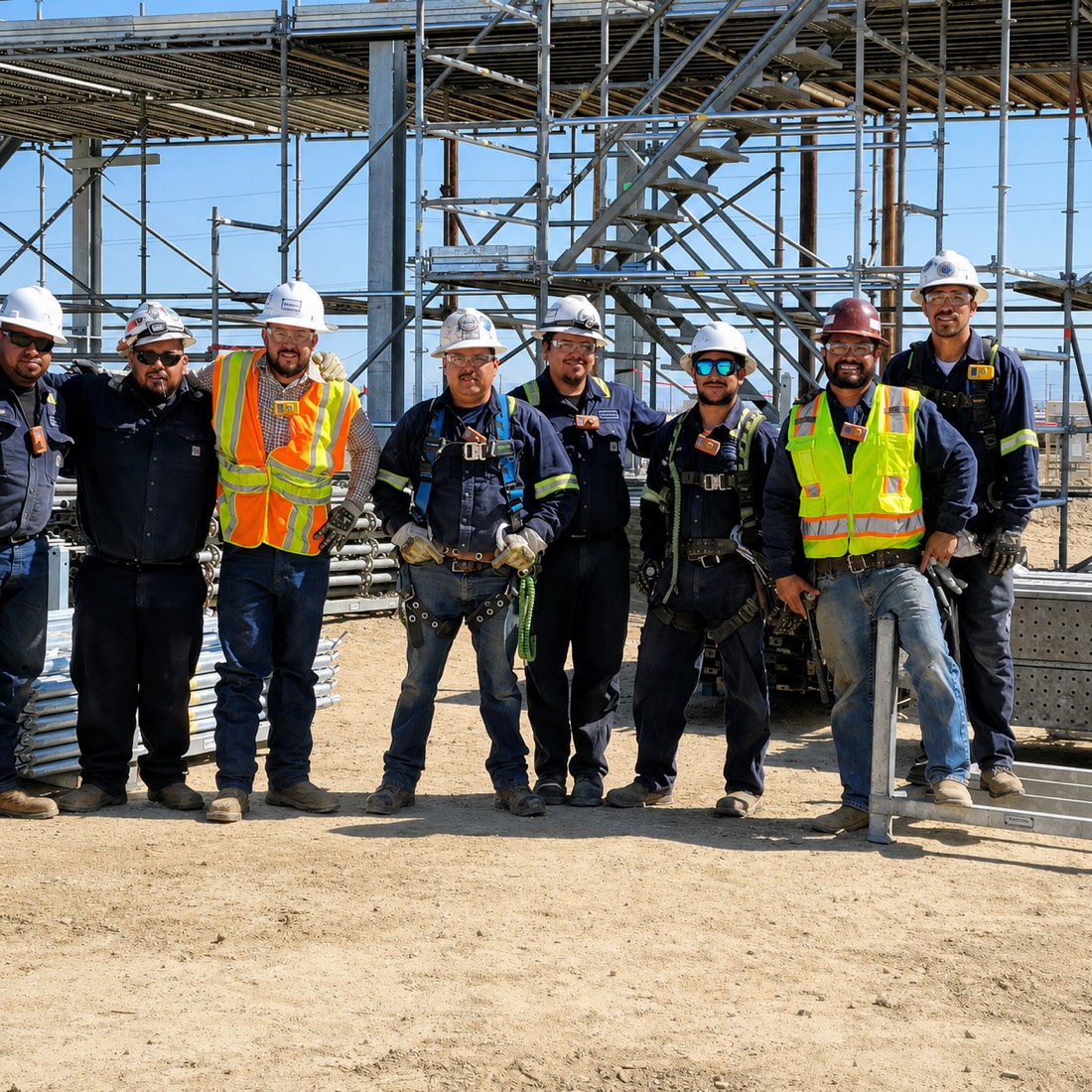 The Scaffold Solutions Unlimited crew on a job site in front of a scaffold structure